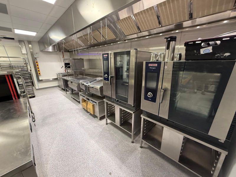Commercial kitchen with combi ovens at a Bournemouth football stadium