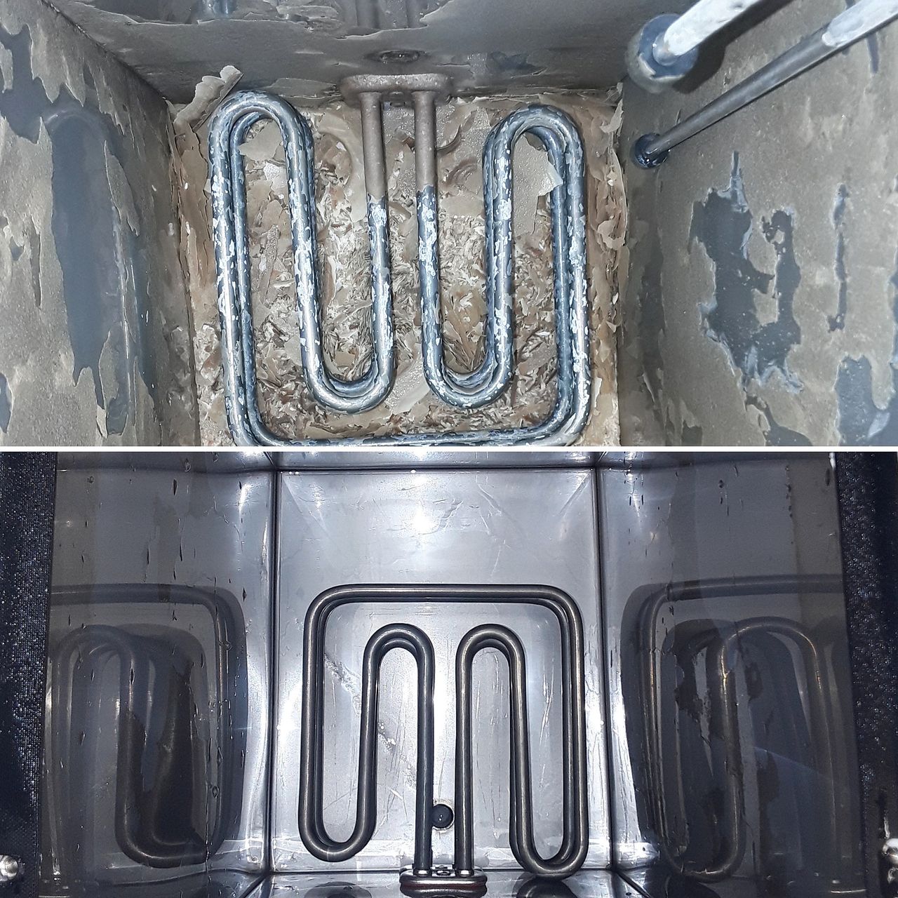 Heating element before and after descaling during planned maintenance